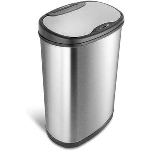 Ninestars 13 Gallon Oval Automatic Trash Can, 50L Touchless Motion Sensor Garbage Can with Odor-Sealing Lid & One-Touch Manual Mode, Silver Stainless Steel, Black Trim