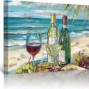 PBXBJY Coastal Canvas Wall Art Beach Picture Grapes and Wine Bottle Poster Prints Food Painting Rustic Blue Ocean Seaside Kitchen Bathroom Decor Modern Artwork (24.00" x 36.00")