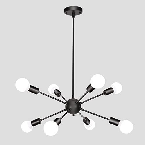 LASENCHOO Black Sputnik Chandeliers, 8 Lights Sputnik Light Fixtures Ceiling Hanging, Mid Century Modern Pendant Lighting for Kitchen Island Living Room Bedroom Dining Room Light Fixture