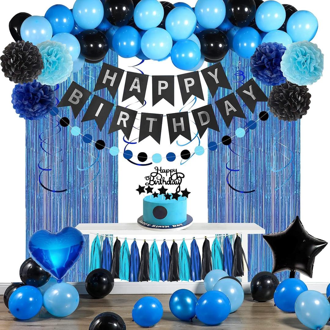 Blue and Black Happy Birthday Party Decorations Kit for Boys Men Women with Happy Birthday Banner, Fringe Curtain,Foil Balloons,Cake Topper for Birthday Decor, Blue Black