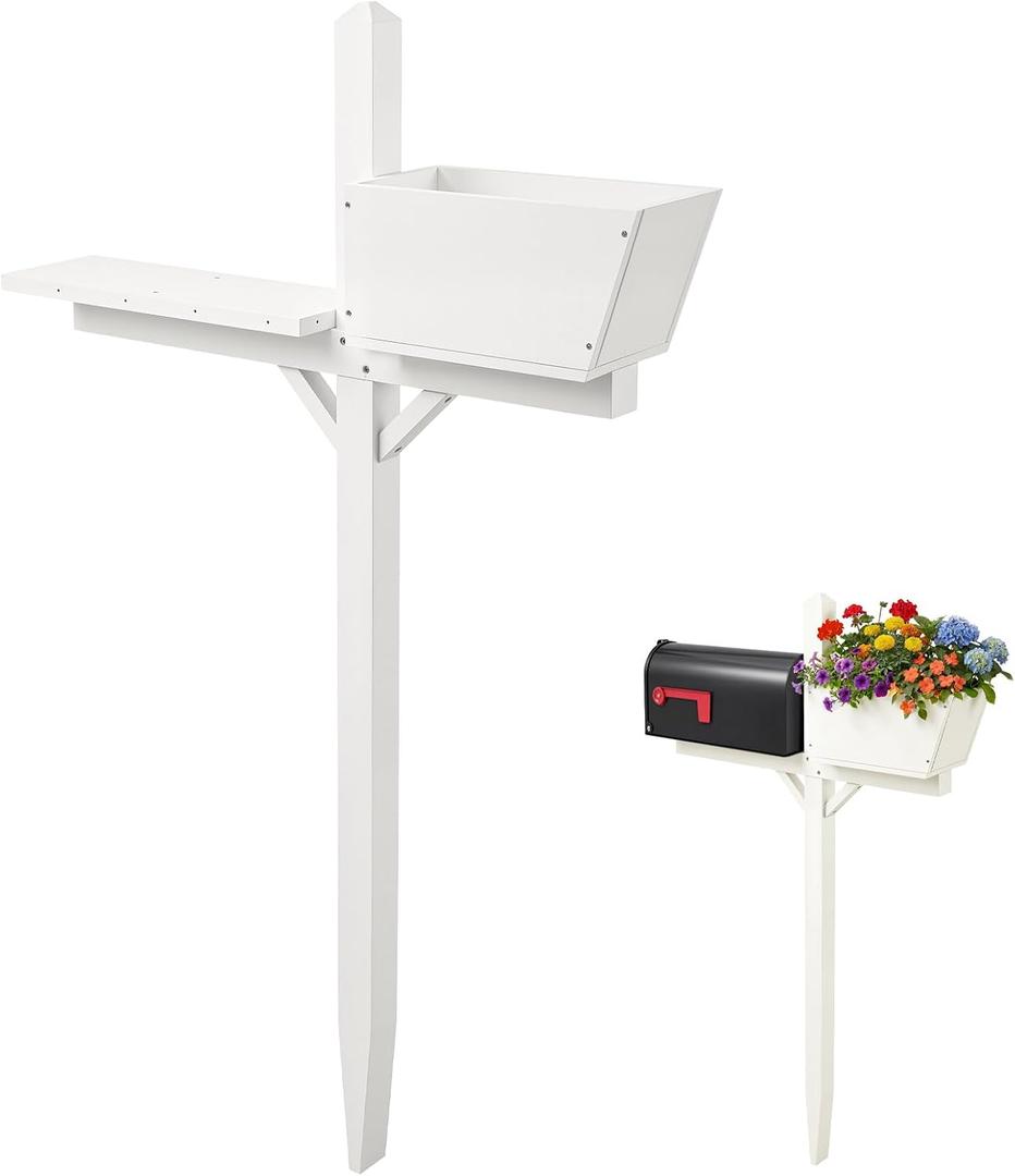 Colingmill 4.5ft x 2 in X2 in Mailbox Post with Planter Arm, Decorative Wood Mailbox Stand, No Dig Waterproof White Mail Box Post for Outside, Outdoor Garden for Yard(Without Mailboxes)
