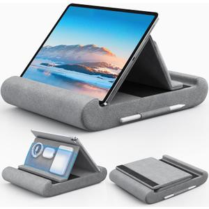 CreaDream Tablet Pillow Stand, Foldable Tablet Holder for Lap, Bed and Desk, Soft Pillow Pad with Pocket and Stylus Mount, for 4-13" Tablets, Like iPad Pro 11, 13, Air, Mini, Kindle, Galaxy Tab, Grey