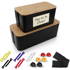 Cord Management Box Set  2 Pack Cable Organizer Box to Hide Cords and Power Strip Kit with Clips, Reusable Ties & Sleeve  Functional, Modern Design | Medium & Large Sizes for Home & Office Use