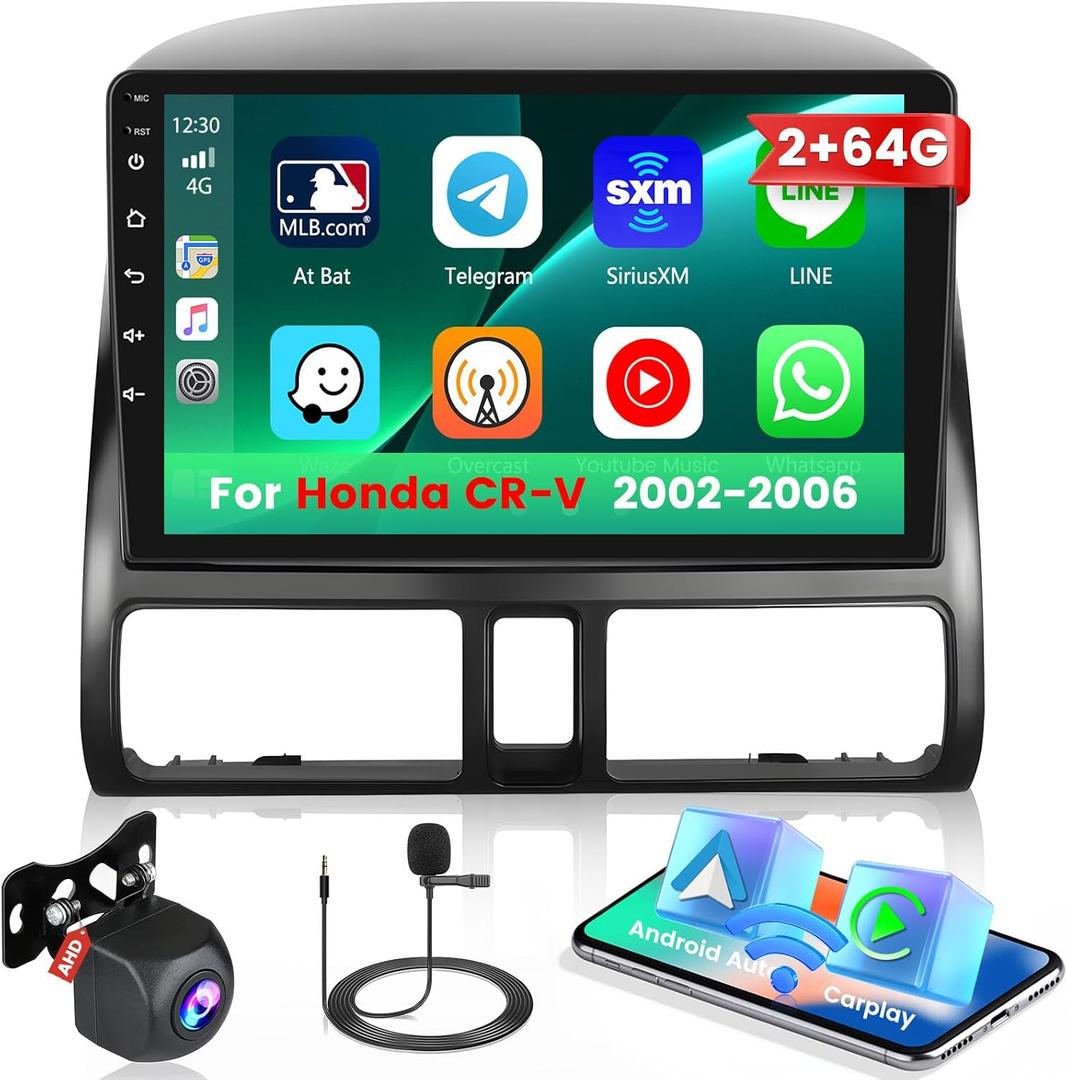 Roinvou 2+64G CarPlay Radio for Honda CRV 2002 2003 2004 2005 2006, 9'' Touch Screen for CRV Head Unit Radio with Wireless Carplay Android Auto GPS Navigation Bluetooth 5GHz WiFi + Backup Camera