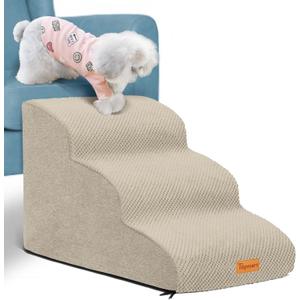 Topmart 3 Tiers Foam Dog Ramps/Steps,Non-Slip Dog Steps with Waterproof Cover,Extra Wide Deep Dog Stairs,High Density Foam Pet Stairs/Ladder,Best for Older Dogs,Cats,Small Pets (Beige)