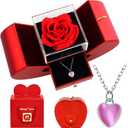 Forever Red Roses in A Box Preserved Rose with Rainbow Necklace Heart Box to My Love Birthday Gift for Women Mom Wife Girlfriend