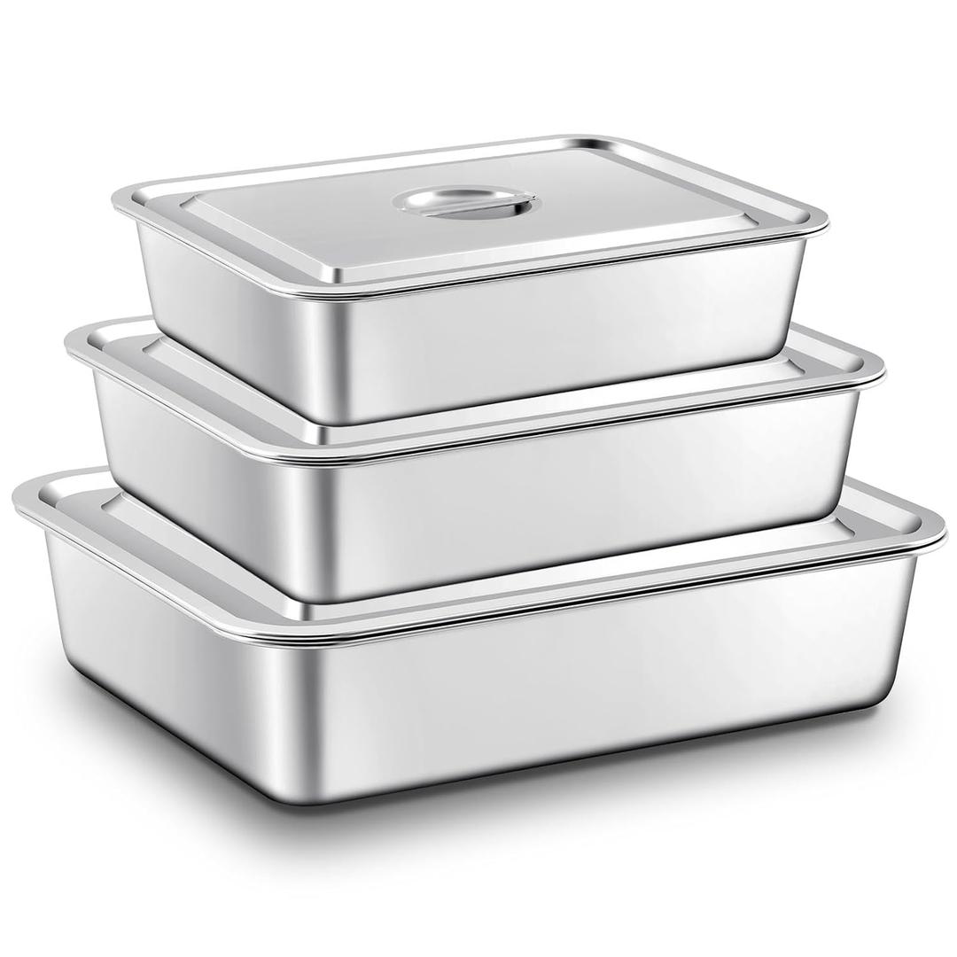 3 Pcs Stainless Steel Bus Tubs with Lid 13 L Commercial Tote Box 4" Deep Food Grade Meat Processing Tubs Lug Dishwashing Utility Prep Tub Table Pans, Silver (3 Sizes) 