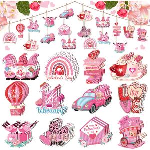 Glenmal 48 Pcs Valentine Day Wooden Ornaments Pink Valentine Tree Decorations Heart Gnome Truck Heart Love Hug Me Hanging Wood Cutouts Decor for Party Favors DIY Crafts(Love Style)