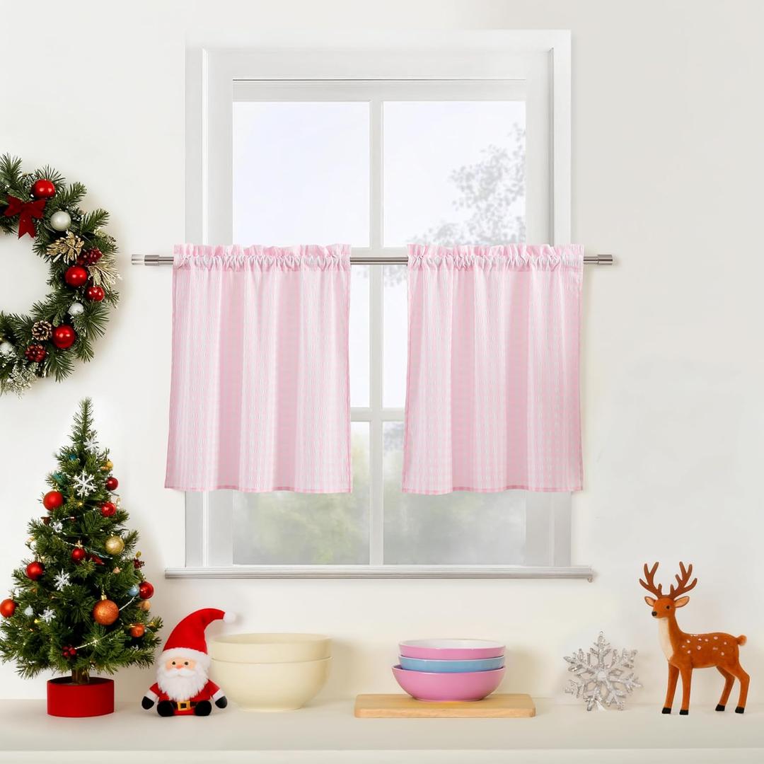 ZJDECOR Buffalo Plaid Kitchen Curtains 24 Inches Long,Pink White Gingham Crinkled Not-See-Through Sheer Cafe Tier Panels,Farmhouse Window Treatment for Kitchen Bedroom,Rod Pocket,26"Wx24"L(Pack of 2)