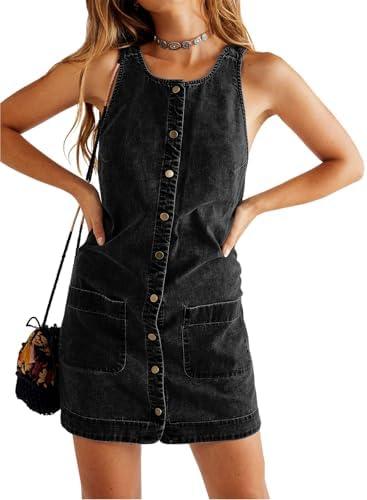 Yousify Womens Casual Sleeveless Denim Overalls Dresses Button Down Summer Jean Mini Dress 2025 Trendy Romper With Pockets, Size: M