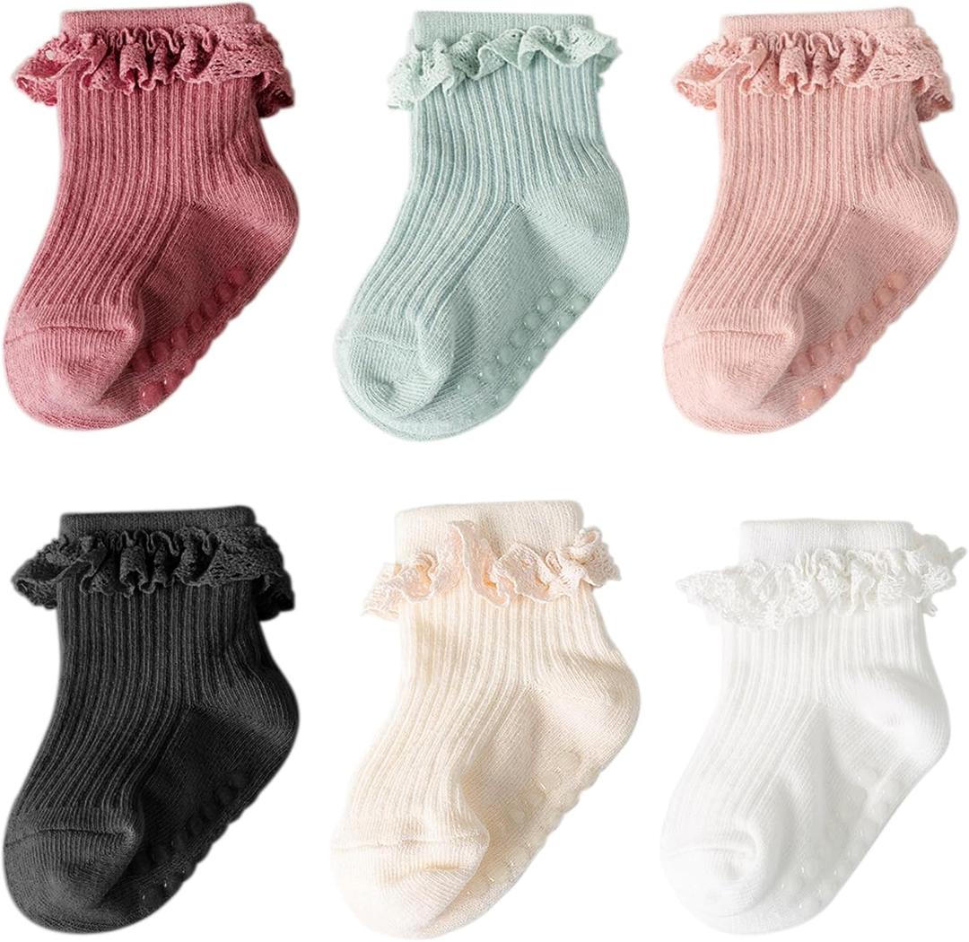 DRESHOW BQUBO Baby Girls Toddler Anti Slip Socks - Cute Frilly Ruffle Grip Ankle Socks for Infant Toddler,Size: 0-6 Months