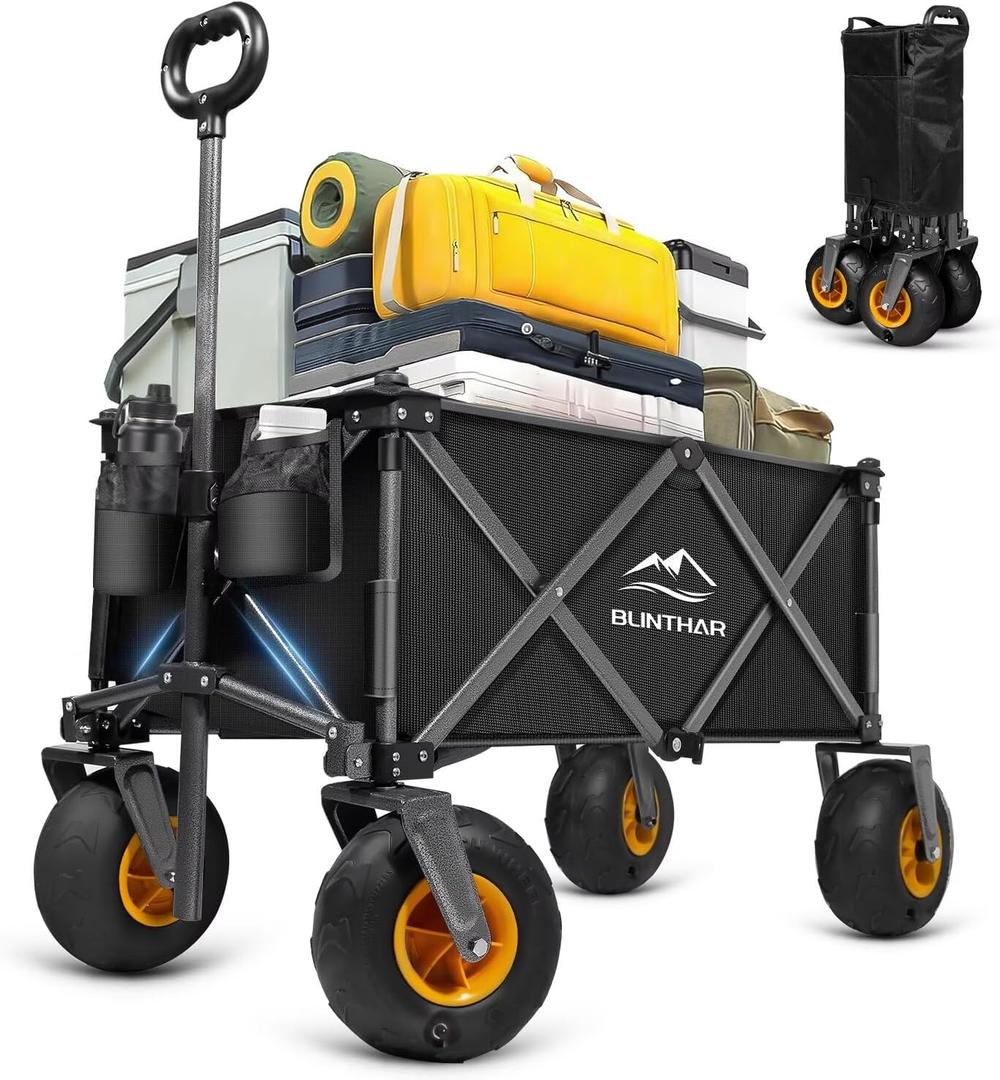 Beach Wagon with Big Wheels for Sand, Heavy Duty Collapsible Folding Wagon with All-Terrain 9" Pneumatic Tires & Drink Holders, Utility Wagon for Garden Sports Camping Outdoor Activities (Black)