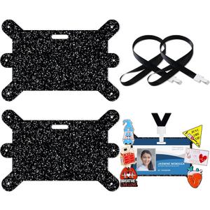 2 Pcs Badge Buddy Pin Holder with Lanyard, Horizontal Black Glitter Acrylic Badge Topper Adapter for Nursing Medical Healthcare, ID Pin Holder for Nurse, Student, Employee (2, Black)