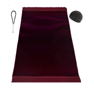 Kapobia Velvet Prayer Mat Set (Gemstone 33 Prayer Beads  Black Kufi Hat  Elegant Case)  Luxurious Velvet Texture Plain Prayer Rug for Home and Travel  Exquisite Islamic Gifts for Women and Men