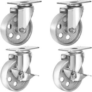 4 All Steel Swivel Plate Caster Wheels w Brake Lock Heavy Duty High-Gauge Steel Gray (4" Combo 2x Swivel with Brake, 2x Swivel)