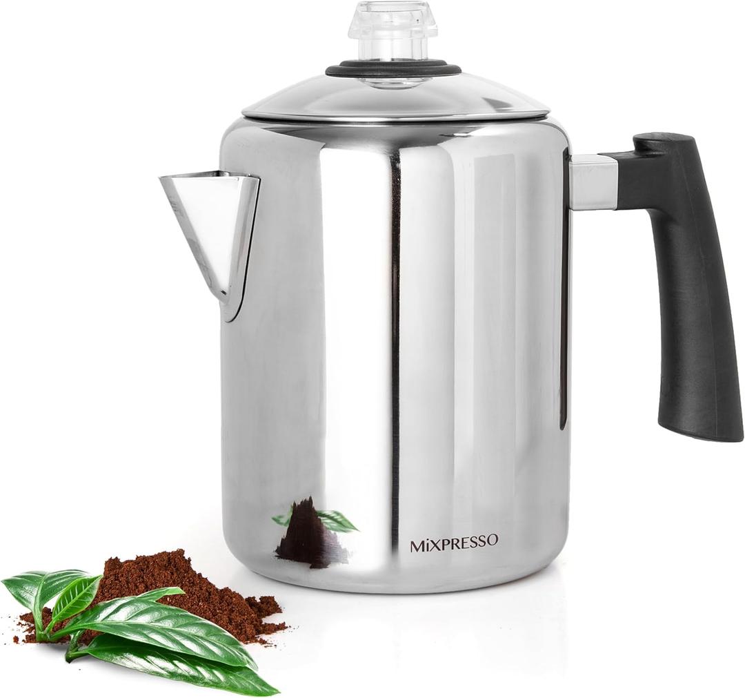 Mixpresso Stainless Steel Coffee Percolator Stovetop, 37 Oz Classic Percolator Coffee Pot, Great For Camping Pot, 5-8 Cup Stove Top Espresso Maker, Cool-Touch Handle
