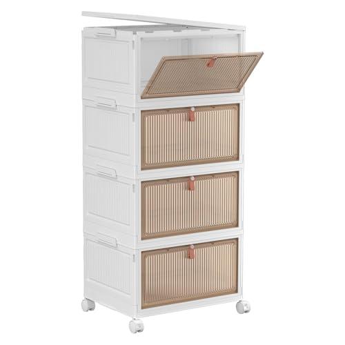 YFXCVSL 4 Tier Plastic Storage Bins with Lid 28QT - Stackable Storage Containers with Wheels, Folding Storage Boxes, Collapsible Storage Bins, Closet Organizers and Storage