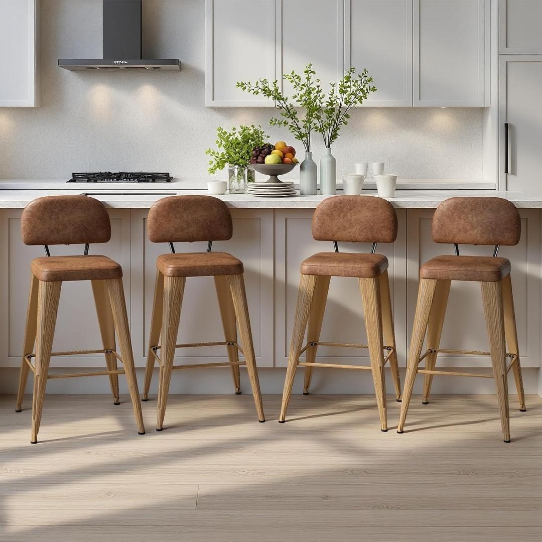 Counter Height Bar Stools Set of 4, Bar Stool with Soft Cushion Low Backrest Modern Barstools for Kitchen Island or Bar, Walnut, 26 Inch