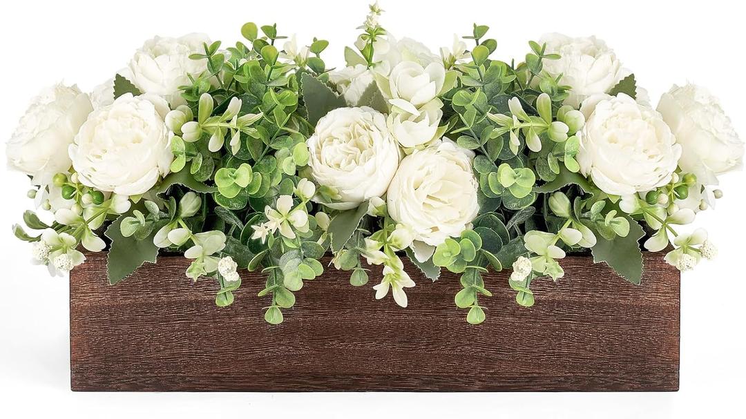 Dahey Centerpiece Table Decorations for Dining Room Farmhouse Living Room Table Centerpieces Decor Wood Tray with 3 Artificial Flowers and 2 Eucalyptus for Kitchen Table, 14.1" x 4.7" x 3.1", White
