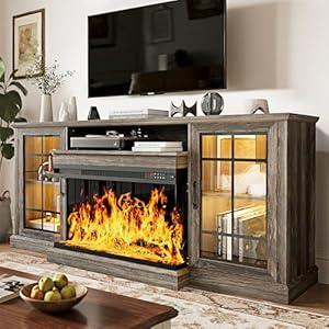 MXV 70'' Fireplace TV Stand, Farmhouse Entertainment Center with 3 Sided Glass TV Stand, Modern Media Console Table with Storage Drawers & Cabinets with LED Flame and Lights for Living Room, Gray