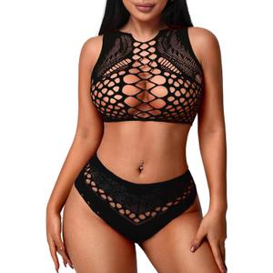 Avidlove Womens Fishnet Lingerie for Women Sexy Two Piece Lingerie Set Stripper Outfit (One Size, Black)