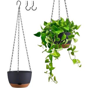 Set of 2 Hanging Planters for Indoor Outdoor Plants, 8 Inch Self-Watering Hanging Flower Pots with Drainage Hole & Removable Water-Storage Tray (Hooks) (Black)