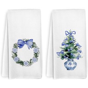 Chinoiserie Christmas Kitchen Towels Set of 2, Coquette Christmas Bathroom Decor, Blue and White Tree Dish Towels, Blue Christmas Wreath Hand Tea Towels for Bathroom Kitchen, 1624 Inch
