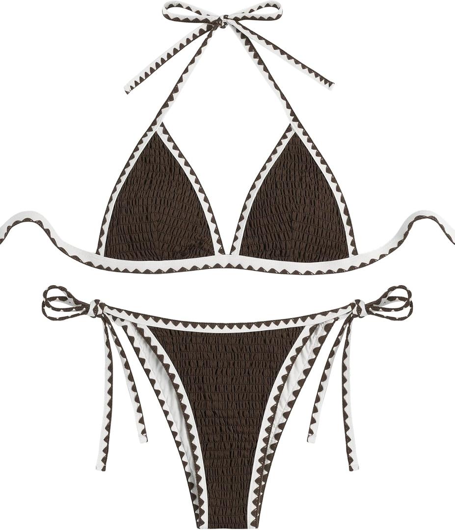 ZAFUL Women Triangle Bikini Sets Sexy Two Piece Swimsuit Halter V Neck String Bathing Suits Tie Side Swimwear 2025 (Brown, L)