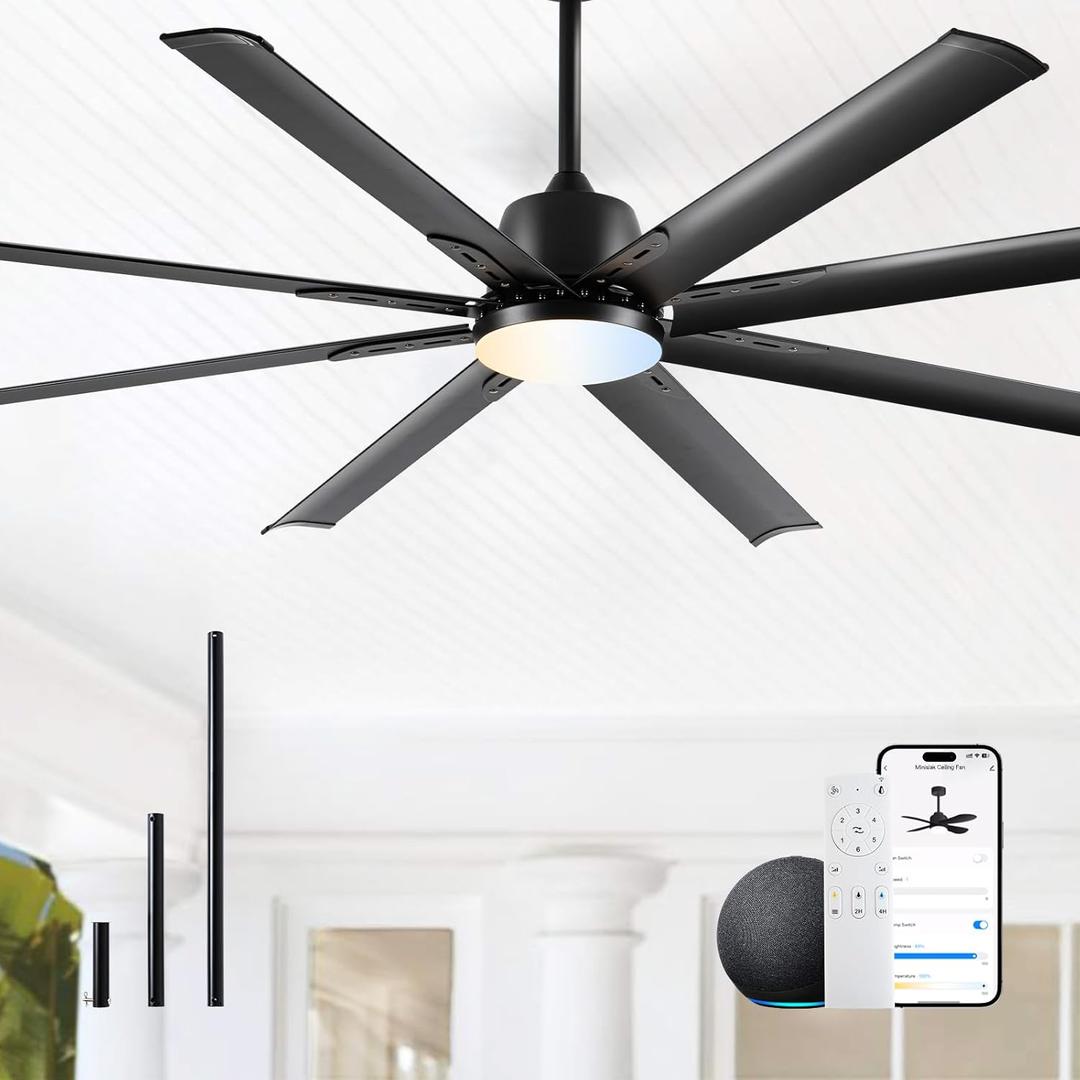 72 lnch lndustrial Smart Celing Fan with Light and Remote Control via WIFI Alexa,Large Celing Fan with 8 Black Aluminum Blades,6 Speed Noiseless DC Motor,Indoor Outdoor Ceiling Fans for Patio Garage