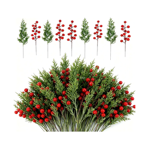 Artificial Christmas Pine Branches with Red Berry Stems-Set of 45 Greenery Stems and 15 Berry Picks for Xmas Wreaths, Garlands, Table Centerpieces, DIY Holiday Crafts, Fireplace & Home Decoration