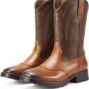 Rollda Cowboy Boots for Men Western Boots Men's Square Toe Chunky Heel Mid-Calf Boots Classic Embroidered Pull On Tabs (8, Brown)