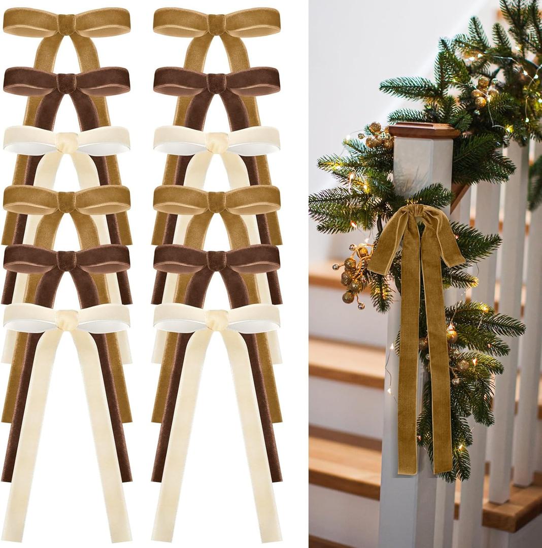 Glitinsel 24 Pcs Velvet Bows Christmas Tree Ornaments Vintage Velvet Ribbon Bows for Tree Garland Wreath Indoor Xmas Decorations(9 x 13 Inch，Width of 1", Brown, Khaki, Beige)