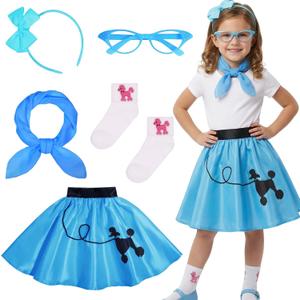 50s Costumes for Girls 1950s Pink Poodle Skirt Set with Eye Glasses Scarf Headband Socks for Kids Halloween Costume (Blue, XS)