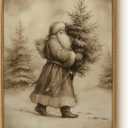 WHASAYART Vintage Santa Claus Carrying Christmas Tree Wall Art, Retro 12x16 Framed Canvas Print, Rustic Sepia Tone Santa with Pine Tree Artwork, Classic Winter Holiday Entryway Bedroom Home Dcor