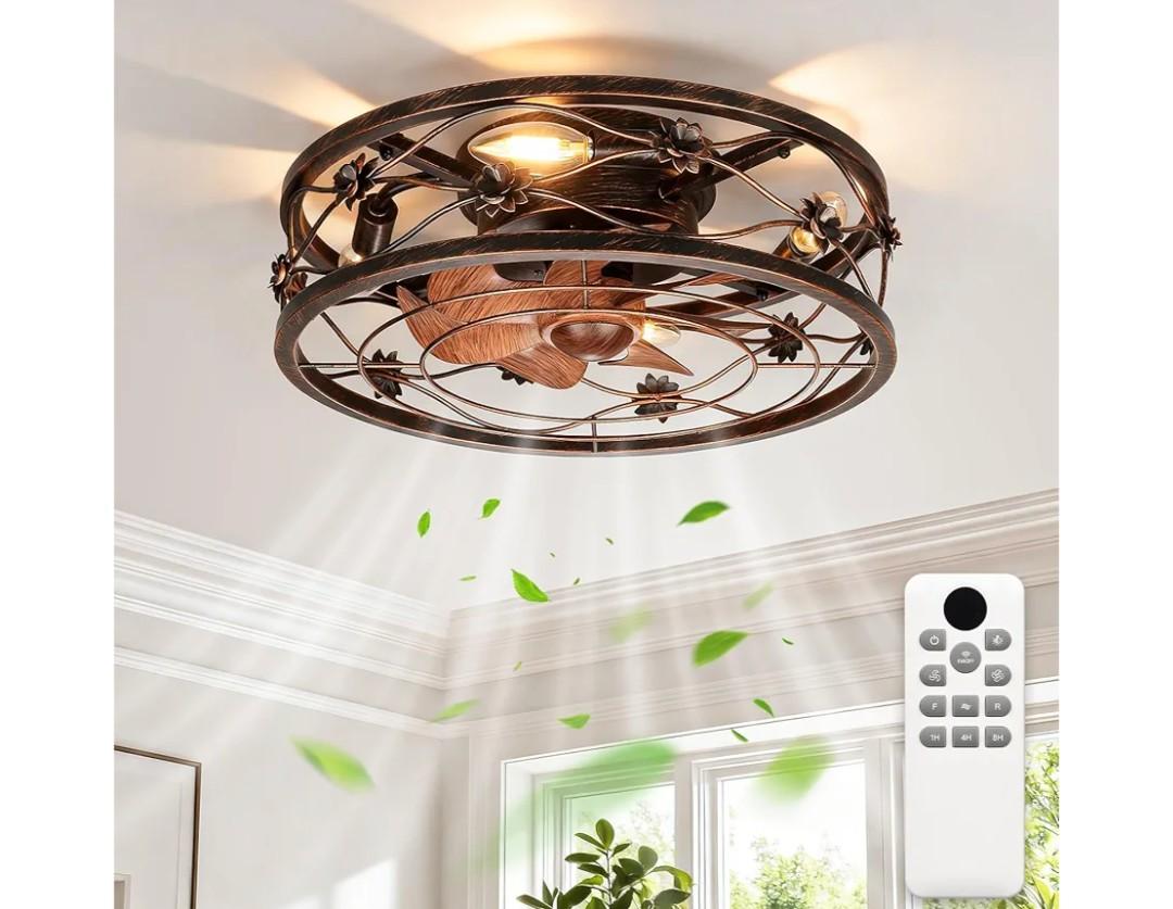 ropelux Caged Ceiling Fan with Lights, Rustic Farmhouse Low Profile Ceiling Fans Light with Remote