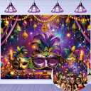 Mardi Gras Backdrop Masquerade Party Decorations 7x5FT Purple Gold Mask Dancing Party Photography Background for Mardi Gras Carnival Dress-up Evening Party Photo Props