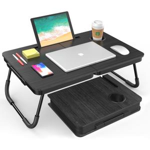 BUYIFY Portable Foldable Laptop Desk for Bed and Couch, Adjustable Lap Desk with Cup Holder and Phone Holder, Ideal for Working, Reading, Writing, and Breakfast (Black)