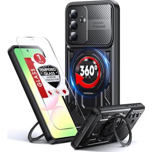 LeYi for Samsung Galaxy A36-5G Phone Case: with Glass Screen Protector, [Fit Magsafe] Heavy Duty 16FT Drop Protection Android Cell Cover Funda para 360 Invisible Ring Stand Samsung A 36 5G, Black