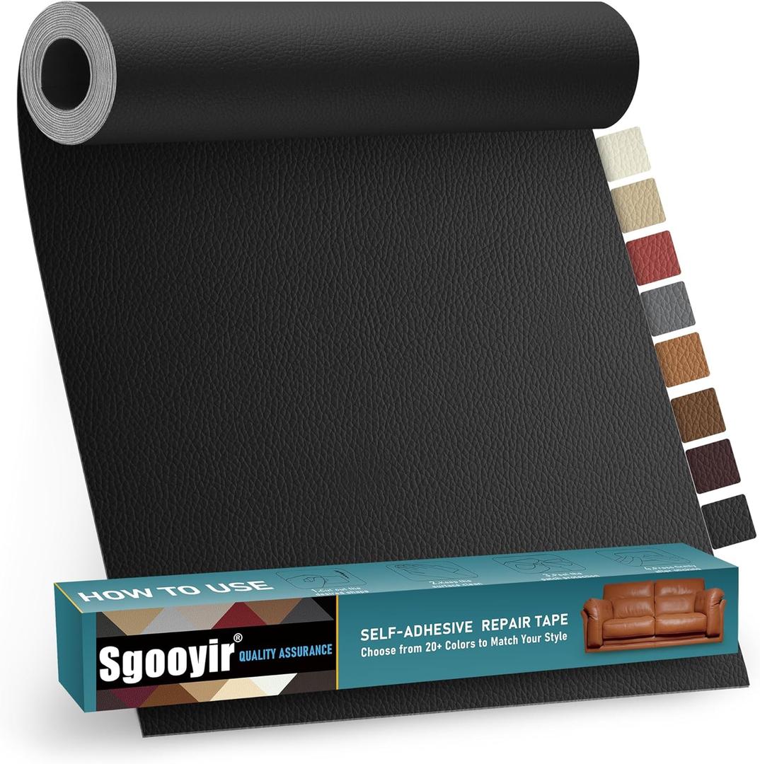 Leather Repair Patch Tape Kit, 16" x 30" Self Adhesive Leather Repair Patch for Furniture, Vinyl Leather Repair Kit for Car Seat, Chairs, Couch, Sofa, Boat Black