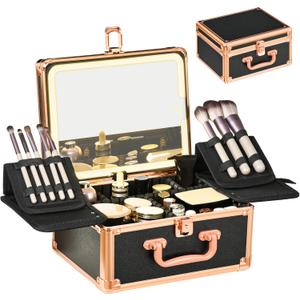 Makeup Case with Lighted Mirror, Makeup Box Organizer with Detachable LED Mirror, Travel Makeup Train Case, Waterproof Cosmetic Organizer, Standing Makeup Brush Holder, Gift, Black Gold