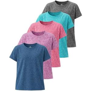 Real Essentials 5 Pack: Girls' Short Sleeve Dry-Fit Athletic T-Shirt - Active Gym Crew Neck Tops for Teens Kids (Ages 4-16)