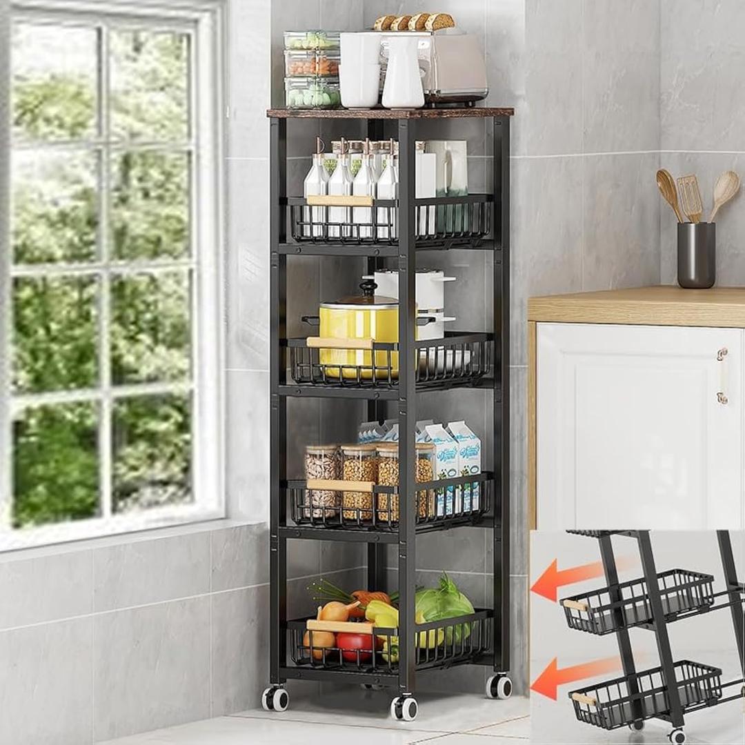 Metal Wire Baskets with Wheels, Stackable Storage Bins Kitchen Organizer Shelf, Multi Layer Fruit Vegetable Cart Dishes Seasonal Rack Freestanding with Pull Out Slide Drawer, 5 Tier with Slide Drawer