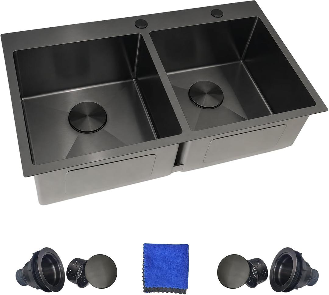 33x22 Black Drop In Kitchen Sink, Delironexu Double Bowl Kitchen Sinks, 33x22x9 Topmount Double Bowl