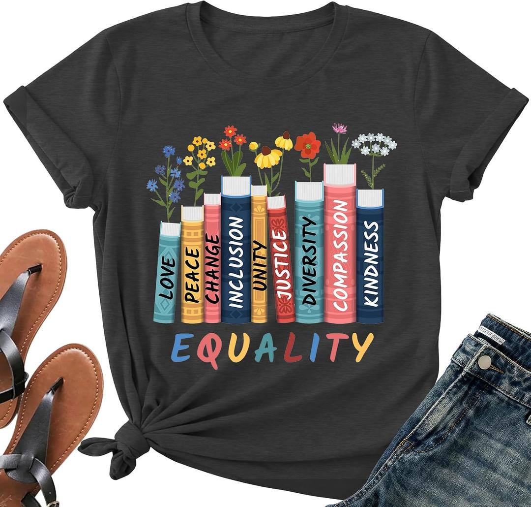 Read Book Shirt for Women-Reading Teacher Tee Tops Pink Flower and Butterfly Short Sleeve Cute Book Shirt