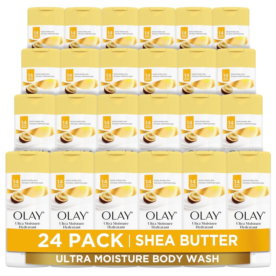 Olay Body Wash for Women, Ultra Moisture, 24hr Moisturizing, Hydrating & Refreshing, B3 Vitamin Complex, Free of Parabens & Phthalates, For All Skin Types, Shea Butter Scent, 3.0 fl oz (Pack of 24)