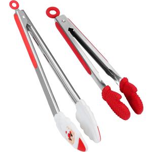 Kitchen Tongs, Premium Stainless Steel, Food-Grade Silicone Tips with Christmas Design, Heat Resistant 500F, 2-Piece Set (9'' and 12'')