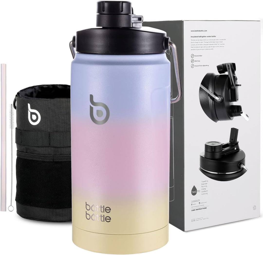 BOTTLE BOTTLE Insulated Water Bottle 64 oz with Straw and Dual-use Lid Half Gallon Water Jug Vacuum Stainless Steel for Workout and Sports Insulated Beer Growler with Handle 
