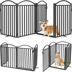 Malier Metal Freestanding Dog Gates with Door, 32'' Height Outdoor Indoor Dog Fences, 96'' Extra Wide Foldable Puppy Gate Free Standing Tall Pet Gate for Stairs, Hallways, Yard (Black, 4 Panels)