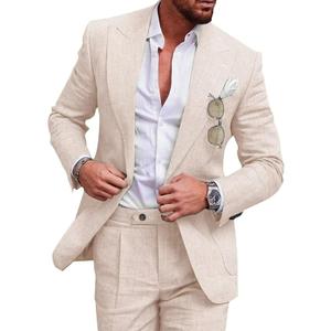 UNINUKOO Linen Suit for Men Summer Wedding 2 Piece Suit Set Peak Lapel Casual Blazer Pants Beach Wear for Men US Size XXL Beige