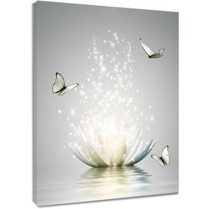 Modern Grey Wall Art for Bathroom Retro Butterfly and White Floral Bloom in Water Abstract Canvas Wall Art Wall Paintings Spa Zen Wall Pictures for Living Room Bedroom Office Ready To Hang,16x24 Inch
